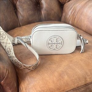 Tory Burch Cream Crossbody Bag with Logo Medallion